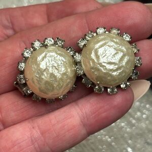 Vintage Vogue Faux Pearl & Halo Rhinestone Clip On Earrings